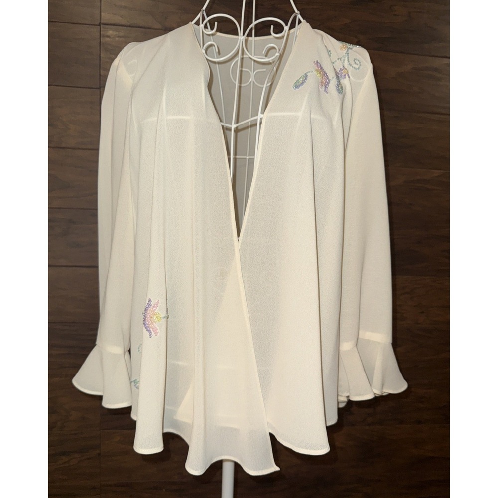 Cottagecore Cream Sheer Floral Beading Cardigan/Romantic Medium Flowy Easter